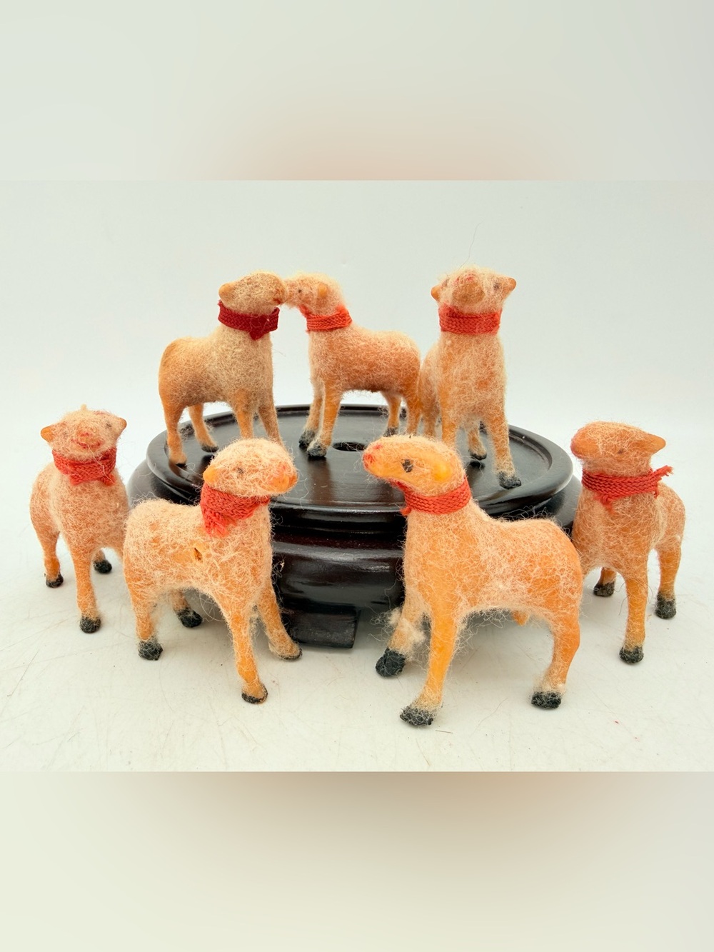 set of 7 - vintage plastic flocked matchstick style putz sheep with collars